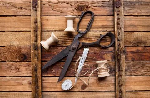Vintage Background with sewing tools Stock Photos