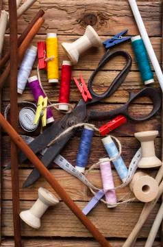 Vintage Background with sewing tools Stock Photos