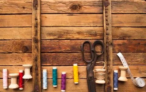 Vintage Background with sewing tools Stock-Fotos