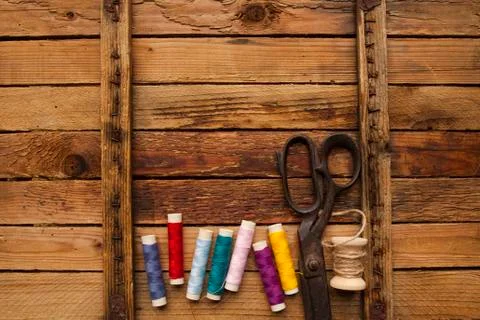 Vintage Background with sewing tools Foto stock
