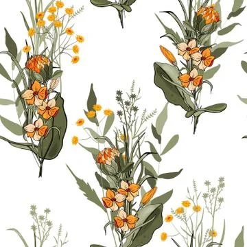 Vintage background. Wallpaper. Blooming realistic isolated flowers. Hand drawn Stock Illustration