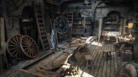 Vintage Band Saw Machine in Rustic Woodworking Workshop Tracking Shot Stock Footage 342487691