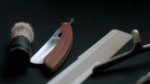 Vintage barber tools dangerous razor hairdressing scissors old manual clipper co 스톡 동영상 121877577