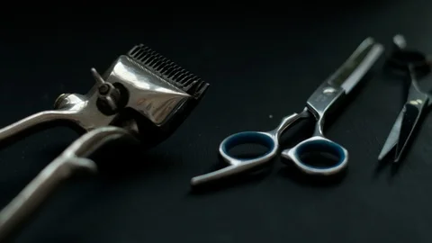 Vintage barber tools dangerous razor hairdressing scissors old manual clipper co 스톡 동영상 121877872