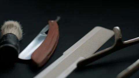 Vintage barber tools dangerous razor hairdressing scissors old manual clipper co 스톡 동영상 121878080