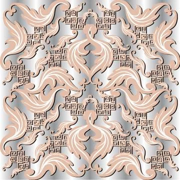 Vintage Baroque 3d vector seamless pattern. Floral ornamental greek silver イラスト素材