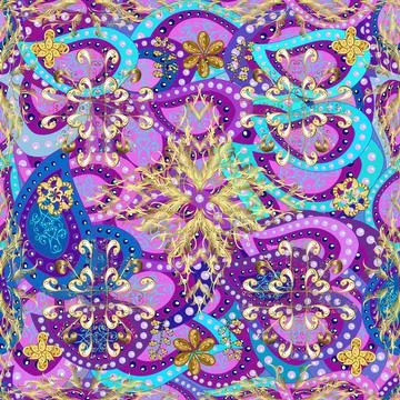 Vintage baroque floral seamless pattern in gold over violet, blue and purple. Lu Stock Illustration