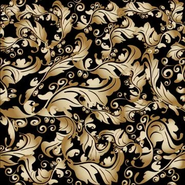 Vintage baroque vector seamless pattern. Leafy foliage black and gold  backgr イラスト素材