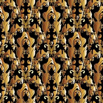 Vintage baroque vector seamless pattern. Leafy foliage black and gold  backgr Illustrazione stock