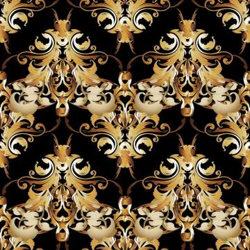 Vintage baroque vector seamless pattern. Leafy foliage black and 스톡 일러스트