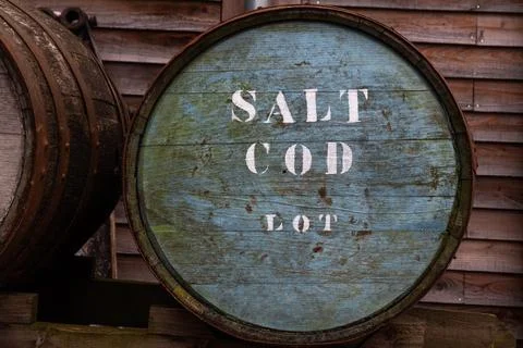 Vintage barrel that contained salt cod Stock Photos
