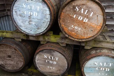 Vintage barrels that contained salt cod Stock Photos