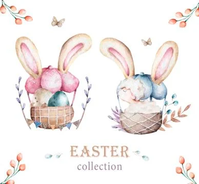 Vintage Basket Easter eggs and sheep Cute hand drawn watercolor illustration  Stock Illustration