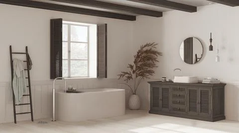Vintage bathroom in white and dark tones, rattan wooden washbasin, bathtub, c Stock Illustration