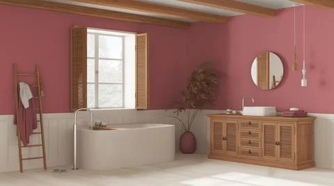 Vintage bathroom in white and red tones, rattan wooden washbasin, bathtub, ch Stock Illustration
