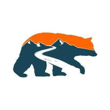 Vintage bear and mountain river landscape vector icon Stock Illustration