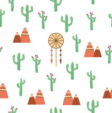 Vintage beautiful seamless desert pattern illustration. Landscape with cactus Stock Illustration