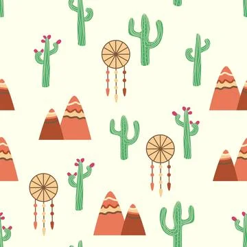 Vintage beautiful seamless desert pattern illustration. Landscape with a cact Stockillustratie