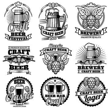 Vintage beer drink bar vector labels. Retro brewery emblems and logos with hops Stock Illustration