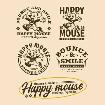 Vintage beige set of five typographic logo badges with cute cartoon mouse m.. Stock Illustration