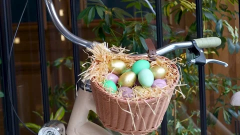 Vintage Bicycle with Easter Egg Basket. Close-up of a city bike with a wick.. Stock Footage 331215126