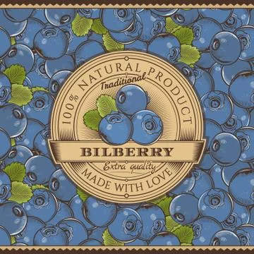 Vintage Bilberry Label On Seamless Pattern Illustrazione stock