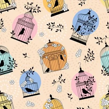 Vintage bird cages seamless pattern. Repeated decorative wicker houses for Stock Illustration