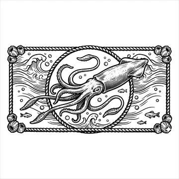 Vintage black and white illustration of squid swimming in ocean waves Stock Illustration
