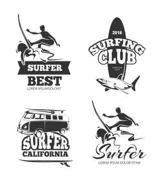 Vintage black surf graphics, emblems and labels. Vector set Illustrazione stock