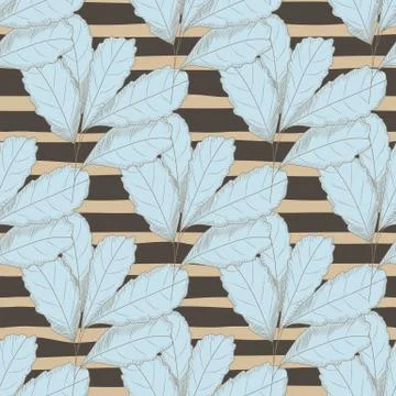 Vintage blue leaf seamless pattern on stripe background. Tree leaves backdrop Stock Illustration