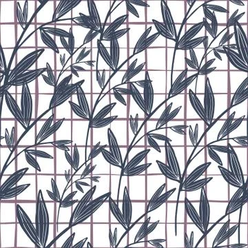 Vintage blue leaf seamless pattern on lines background. . Retro floral wallpa Stock Illustration