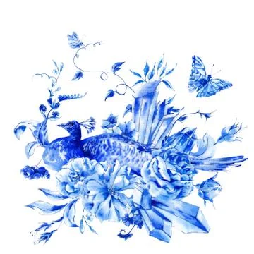 Vintage blue peacock with watercolor roses Stock Illustration