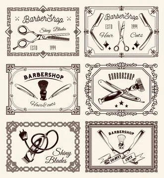 Vintage boards in different frames, scissors, razor blades, shaving brush Stock Illustration