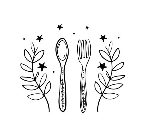 Vintage boho fork and spoon icon with floral ornament, vintage linear icon for Stock Illustration