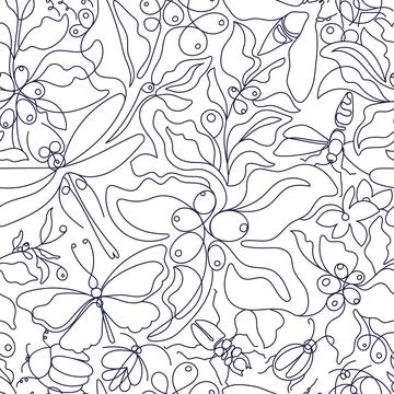 Vintage boho seamless pattern. Art line botanical flower, leaf, insect, monoc Stock Illustration