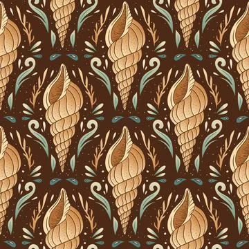 Vintage Boho Shell Seamless Pattern Seashell Ornamental Sea Motif Decorativ.. Stock Illustration