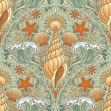 Vintage Boho Shell Seamless Pattern Starfish Wave Sun Seashell Coastal Intr.. Stockillustratie