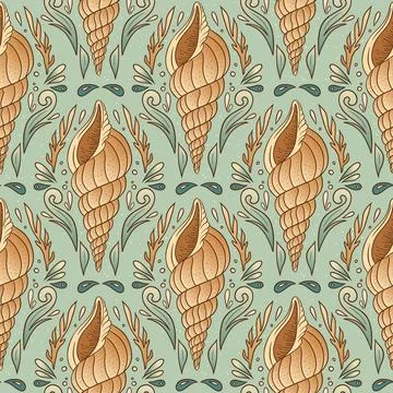 Vintage Boho Shell Seamless Pattern Seashell Ornamental Sea Motif Decorativ.. 스톡 일러스트