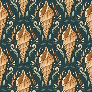 Vintage Boho Shell Seamless Pattern Seashell Ornamental Sea Motif Decorativ.. Stock Illustration