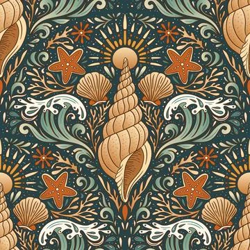 Vintage Boho Shell Seamless Pattern Starfish Wave Sun Seashell Coastal Intr.. Stock Illustration