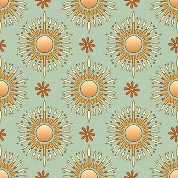 Vintage Boho Sun Seamless Pattern Ornamental Rays And Decorative Celestial .. Stock Illustration