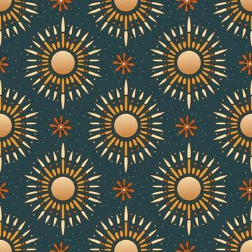 Vintage Boho Sun Seamless Pattern Ornamental Rays And Decorative Celestial .. Stock Illustration