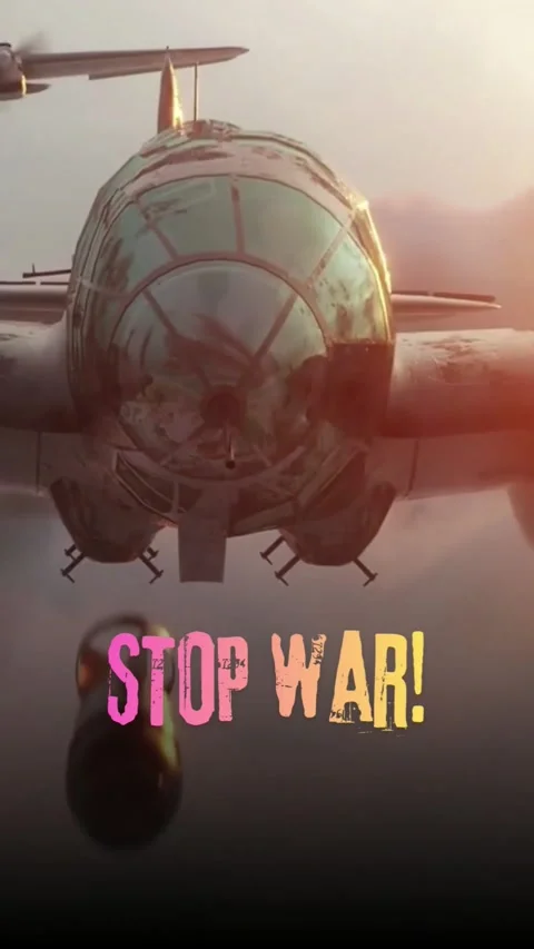 Vintage Bomber Plane with Stop War Text Vertical Activism Story Stock Footage 332163118