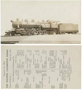 Vintage book page with an old train and technical details Stock Illustration