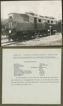 Vintage book page with an old train and technical details Stock Illustration
