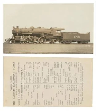 Vintage book page with an old train and technical details Stock Illustration