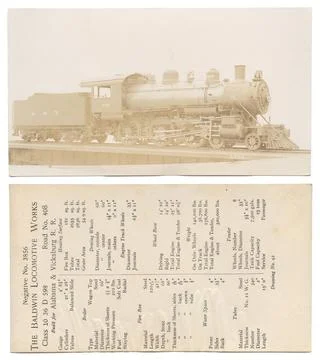 Vintage book page with an old train and technical details Stock Illustration