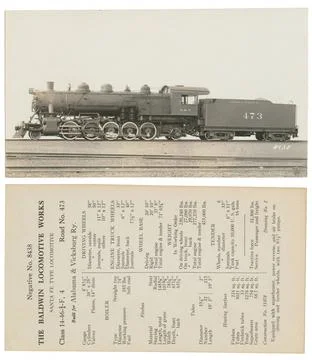 Vintage book page with an old train and technical details Stock Illustration