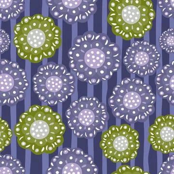 Vintage botanic seamless pattern with random purple and green colored folk bu Stock Illustration