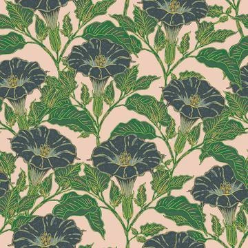 Vintage botanical floral pattern with hand drawn trumpet flowers and foliage  Stock Illustration